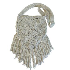 Hippie Purse Crochet Fringed Retro Boho Style Off White Handmade New 10" x 11"